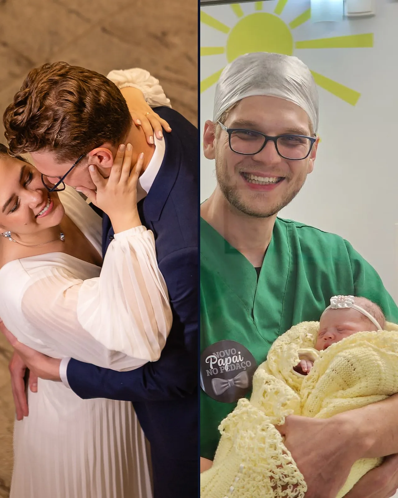 À esquerda, Ricardo e Jéssica no sacramento do matrimônio; à direita, Ricardo com a filha Celina recém-nascida.